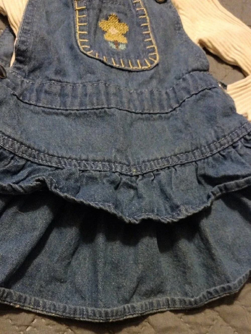 Denim Ruffle Overall Dress with Cream Ribbed Top - Picture 6 of 11